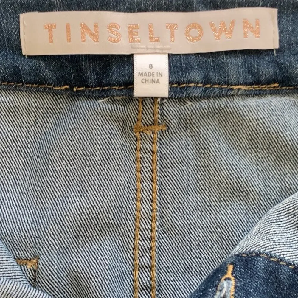 Tinseltown Jean Mini Skirt Blue Silver Button Front Denim Jean Mini Skirt Size 8 - Picture 2 of 7